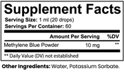 A black and white Supplement Facts label showing Methylene Blue Powder at 10 mg per serving, with serving size 1 ml (20 drops) and 60 servings per container. Other ingredients listed are Water and Potassium Sorbate.