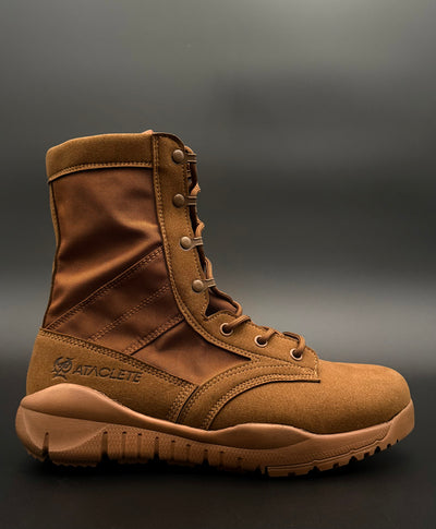 Brown tactical boot with Atacore logo on a dark background
