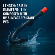 Black snorkel with red tip in water, text about dimensions and material properties.