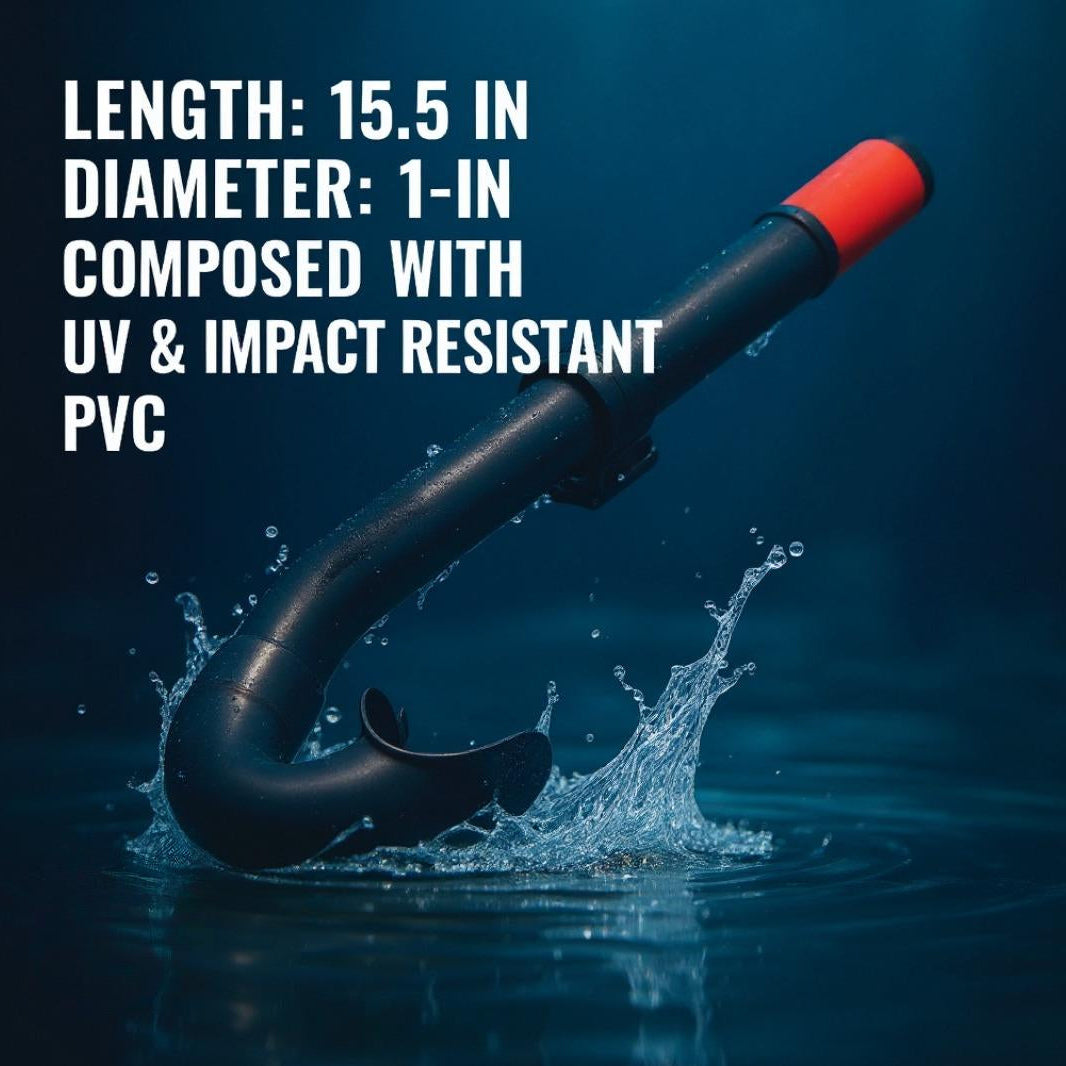 Black snorkel with red tip in water, text about dimensions and material properties.