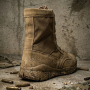 Brown military boot with Atacama logo on a concrete floor with bullet casings and camouflage fabric.