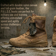 Brown tactical boots with text about durability and military use, set against a rugged background.