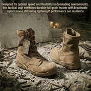 Tactical boots on a rugged background with text about durability and performance.