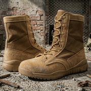 Tan tactical boots with 'Ataclete' branding on a rugged background.