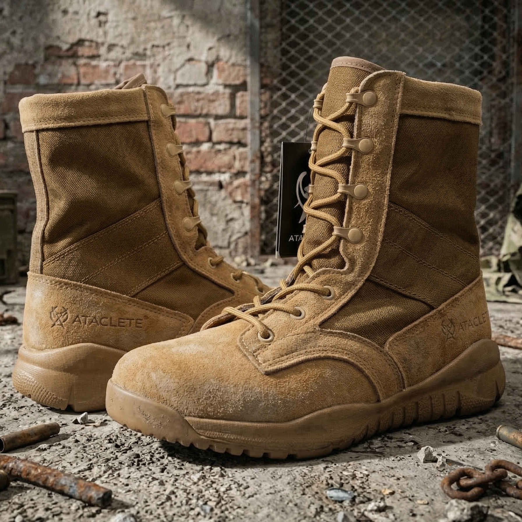 Tan tactical boots with 'Ataclete' branding on a rugged background.