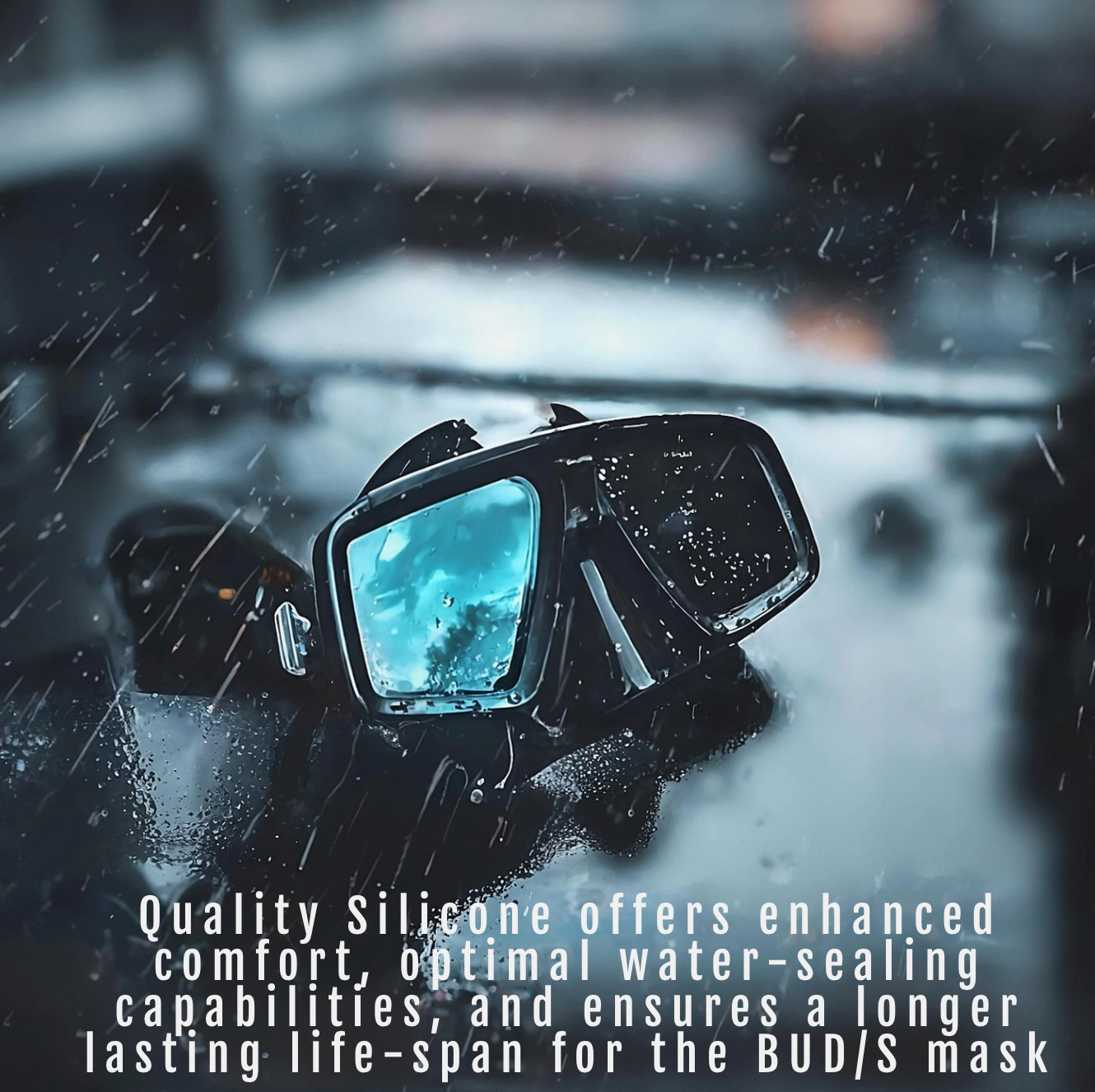 Diving mask with text about silicone quality on a rainy day background