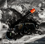 Diving mask and snorkel on a rocky underwater background with product details.