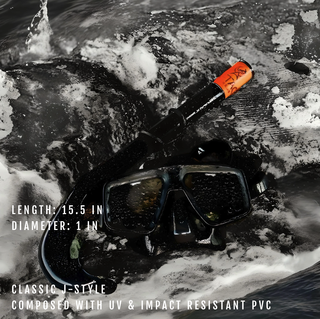 Diving mask and snorkel on a rocky underwater background with product details.