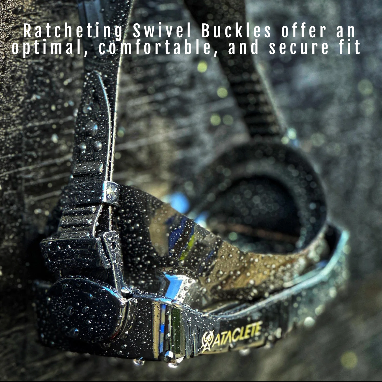 Close-up of a ratcheting swivel buckle with text highlighting its features, branded 'ATACLETE'.