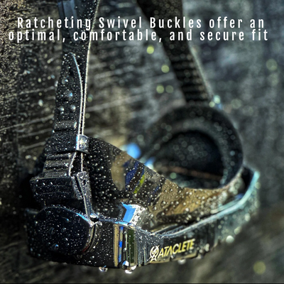Close-up of a ratcheting swivel buckle with text highlighting its features, branded 'ATACLETE'.