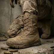 Person in military uniform with a boot on a concrete floor with ammunition.